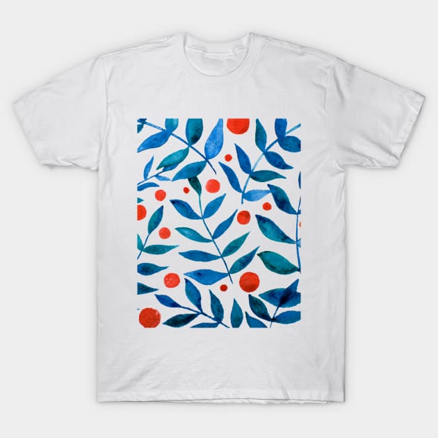 Watercolor branches and berries - orange and blue T-Shirt by wackapacka